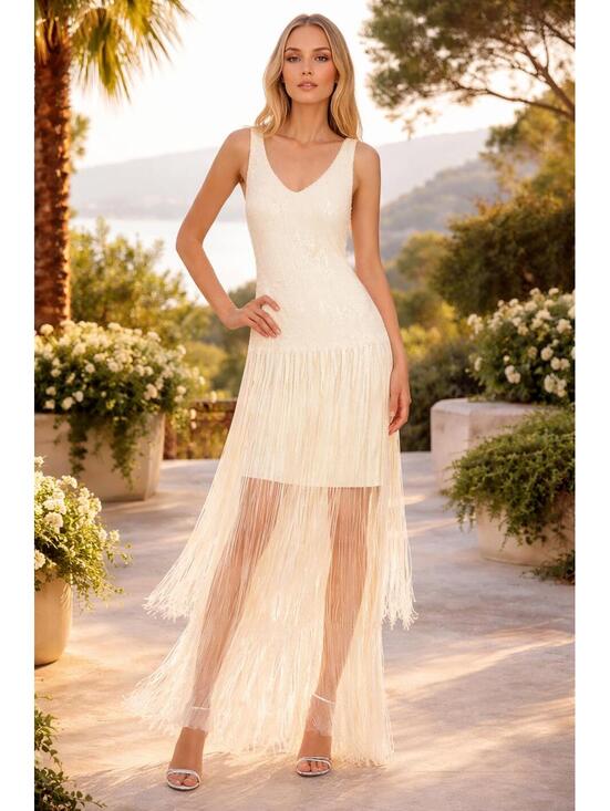 Dresses & Skirts - Badgley Mischka Emilia Tiered Sequin Fringe V-Neck Dress Butter Yellow * 4 Party